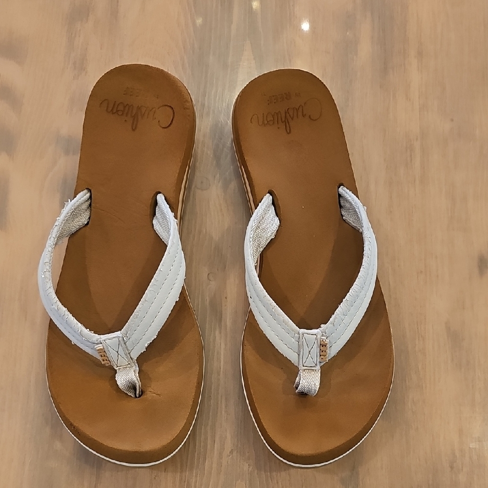 Reef Women's Sandals with White Straps and Brown Soles 11
